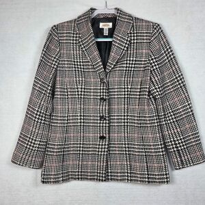 Talbots Blazer Jacket Womens Size 10 Tweed Black White Red Button Wool Lined